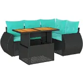 vidaXL 5-delige Loungeset met kussens poly rattan zwart