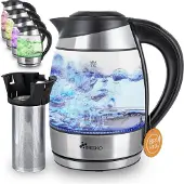 Tresko glazen waterkoker 1,8 L roestvrij staal met theezeef en kalkfilter | ledverlichting aan de binnenkant | 2200 W | met temperatuurinstelling | warmhoudfunctie