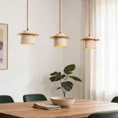LumenXL 3-lichts japandi hanglamp Travia van travertin (natuursteen) en licht hout