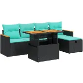 vidaXL 6-delige Loungeset met kussens poly rattan acacia zwart
