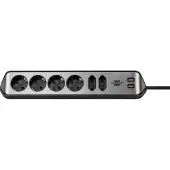 Brennenstuhl Estilo hoek-stekkerdoos met 6 contacten (4+2) en 2x USB / zwart/RVS - 2 meter