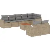 vidaXL 9-delige tuinmeubelset met kussens, beige, van polyrotan