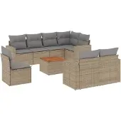 vidaXL 9-delige Loungeset met kussens poly rattan beige