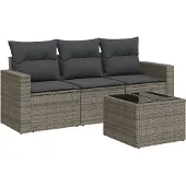 vidaXL 4-delige Loungeset met kussens poly rattan grijs