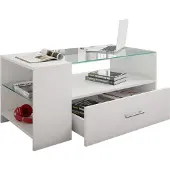 VCM Tindala salontafel met glazen blad, 1 lade, 3 plankenwit.