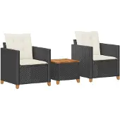 vidaXL 3-delige Bistroset met kussens poly rattan en acaciahout zwart
