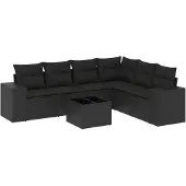 vidaXL 7-delige tuinmeubelset met kussens, zwart, polyrotan