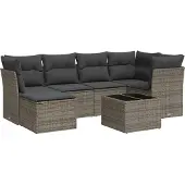 vidaXL 7-delige tuinmeubelset met kussens, grijs, polyrotan