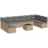 vidaXL 11-delige Tuinset met kussens poly rattan beige
