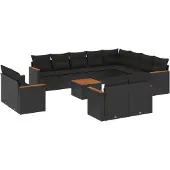 vidaXL 13-delige tuinmeubelset met kussens, zwart, polyrotan