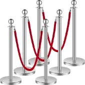 OEM VEVOR Afzetpalen (6 stuks) met 3 rode fluwelen touwen (1,5 meter lang), afzetpalen van roestvrij staal met een navulbare basis, geschikt voor beurzen en evenementen