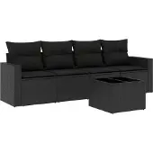 vidaXL 5-delige Loungeset met kussens poly rattan zwart