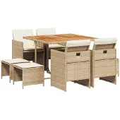 vidaXL 9-delige tuinset met kussens, beige, van polyrotan
