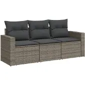 vidaXL 3-delige Loungeset met kussens poly rattan grijs