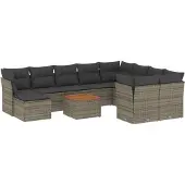 vidaXL 11-delige loungeset voor de tuin met kussens, grijs, polyrotan