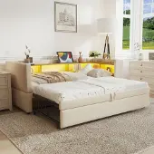 MODFU Dagbed Uitklapbaar 90/180 x 190, Multifunctionele slaapbank, Dagbed met LED-verlichting, Gestoffeerd bed met geïntegreerde opbergruimte, zonder matras, Beige