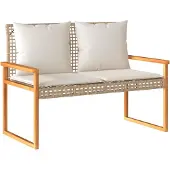 vidaXL Tuinbankje met kussen poly rattan en acaciahout gemengd beige