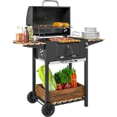 Outsunny -Holzkohlegrill-Edelstahl, Kiefernholz-112L x 58B x 107H cm-Schwarz