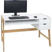 Mendler Bureau -K12, bureau computerbureau werktafel, lade, bamboe 76x115x58cm ~ wit