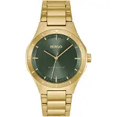 HUGO quartz goud heren horloge met groene wijzerplaat & roestvrij stalen band