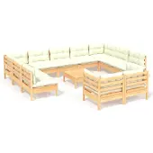 vidaXL 12-delige Loungeset met crèmekleurige kussens grenenhout