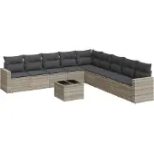 vidaXL 10-delige Loungeset met kussens poly rattan lichtgrijs