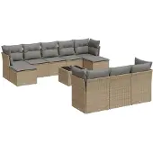 vidaXL 11-delige tuinmeubelset met sofa en kussens, beige, van polyrotan