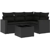 vidaXL 5-delige Loungeset met kussens poly rattan zwart