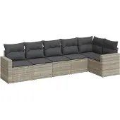 vidaXL 6-delige Loungeset met kussens poly rattan lichtgrijs