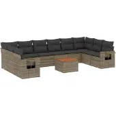 vidaXL 11-delige Loungeset met kussens poly rattan grijs