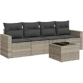 vidaXL 5-delige Loungeset met kussens poly rattan lichtgrijs