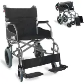 Mobiclinic Museo - Opvouwbare Transportrolstoel - Aluminium - Rem op handgrepen - Orthopedische rolstoel - Voetsteun - Armsteunen - Ultra-lichtgewicht - Zwart