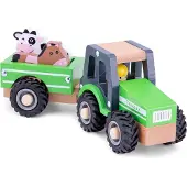 Woet Houten Tractor met Aanhanger - Inclusief 2 Boerderijdieren - Groen - Educatief Speelvoertuig - Rollenspel Speelgoed - Vanaf 18 Maanden