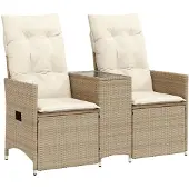 vidaXL Tuinbank 2-zits verstelbaar met tafel poly rattan beige