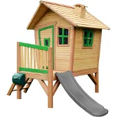 Axi Robin Speelhuis op palen & grijze Glijbaan | Speelhuisje voor de tuin / buiten in bruin & groen van hout | Speeltoestel voor kinderen