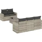 vidaXL 6-delige Loungeset met kussens poly rattan lichtgrijs