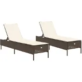 vidaXL Ligstoelen 2 st met kussens poly rattan bruin