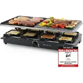 Emerio Gourmet-Steengrill - Raclettegrill - 1400W - 8 Personen - Indicatielampje - Regelbare thermostaat - Half Steengrill/Half Grillplaat - Incl. 8 Houten Spatels + Pannetjes - RG-110035 Zwart