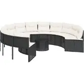 vidaXL Tuinbank met tafel en kussens rond poly rattan zwart