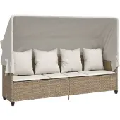 vidaXL - Ligbed - met - luifel - en - kussen - poly - rattan beige