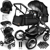 Kiduku KIDUKU- 3 in 1 combi-kinderwagen- zwart- buggy incl. autostoeltje-regenhoes- inklapbaar