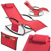 SoBuy Ligstoel, Tuinstoel, Schommelstoel met Verstelbare Hoofdsteun, Opbergzak, voor Tuin,Buiten, Balkon, Strand, ontspanning, zonnebad, Rood, OGS28-R