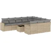 vidaXL 11-delige Tuinset met kussens poly rattan beige