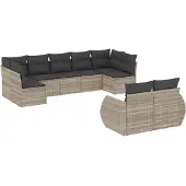 vidaXL 9-delige Loungeset met kussens poly rattan lichtgrijs