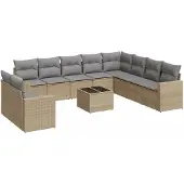 vidaXL 11-delige Tuinset met kussens poly rattan beige