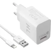 Avizar , universele USB 3A oplader met Qualcomm Quick Charge 3.0 + Lightning oplaadkabel, wit