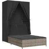 vidaXL Ligbed tweepersoons met dak en gordijn poly rattan grijs