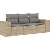 vidaXL 3-delige Loungeset met kussens poly rattan beige