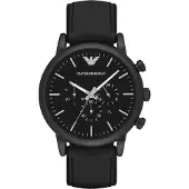 Giorgio Armani Emporio Heren Chronograaf Horloge Zwart Leren Band Zwarte Wijzerplaat AR1970