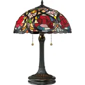 QUOIZEL Tiffany tafellamp Larissa, brons / oud-messing, Woon-/ Eetkamer, Glas, Tiffany, tafellamp
